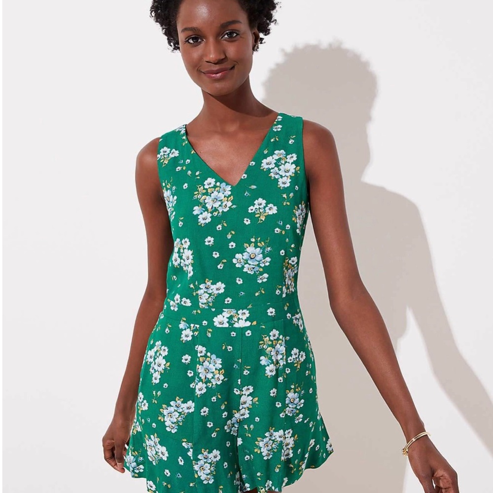 SOLD - Loft Green Floral V-neck Romper